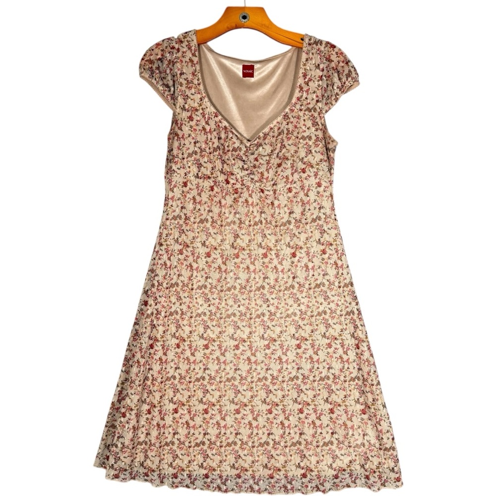 Mosaic Mesh Babydoll Ditsy Floral Dress Coquette Dainty Cap Sleeve Y2K M